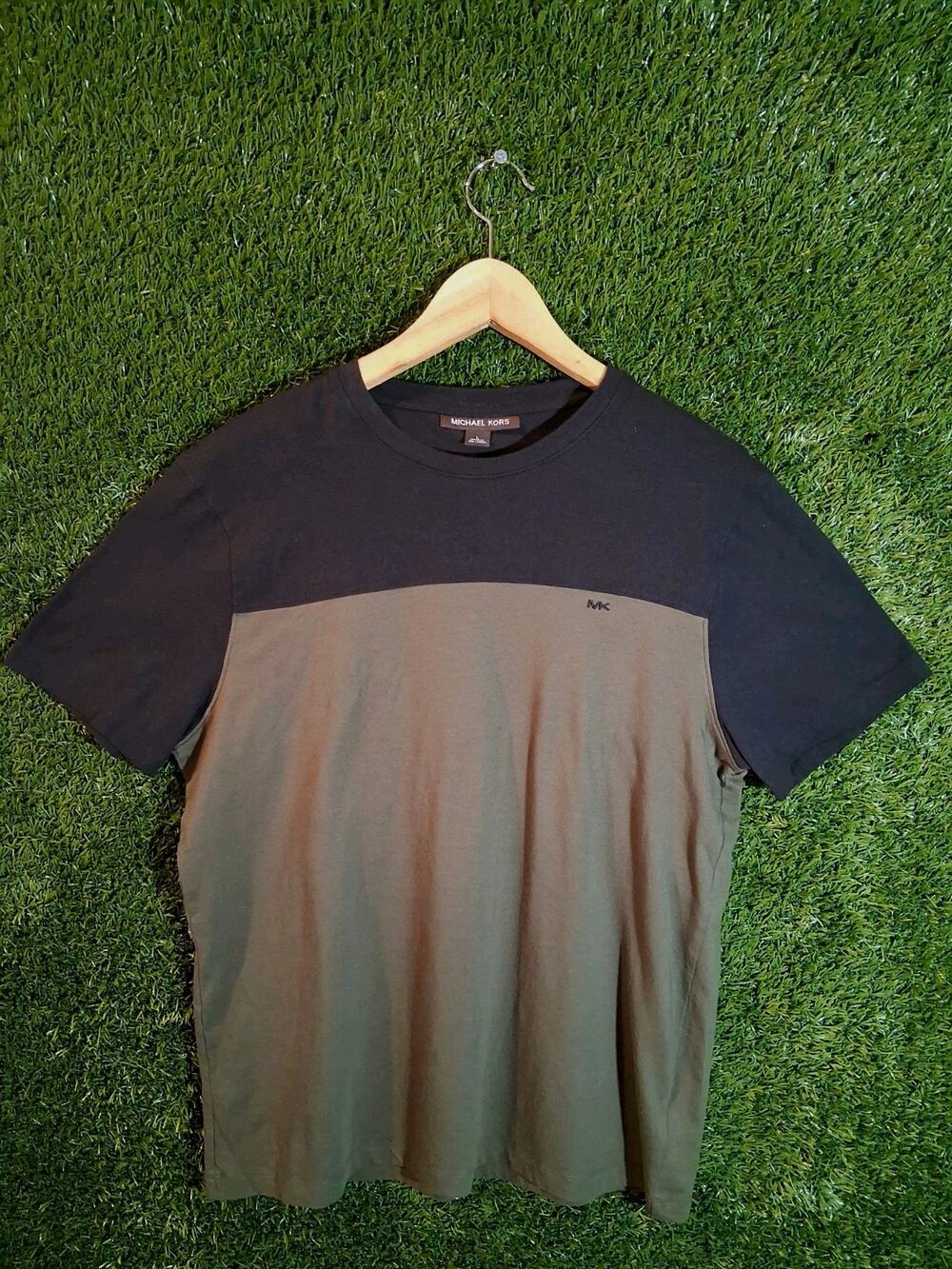 Michael Kors Men's Colorblock T-Shirt Size L Green/Black Short Sleeve MK Logo